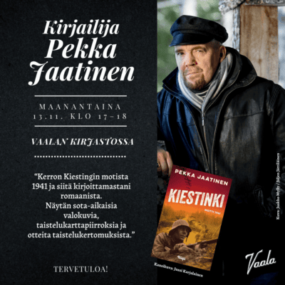 Juliste Pekka Jaatisen kirjailijavierailusta